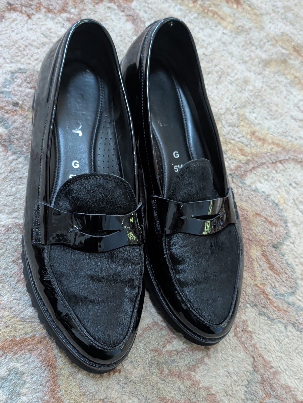Gabor Comfort Black Patent & Calf Hair Penny Loafers